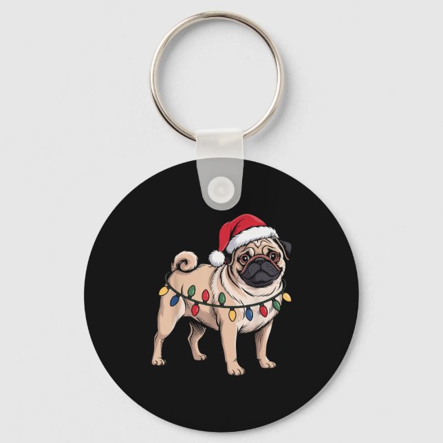 Chaveiro Funny Pug Christmas Santa Hat Xmas Lights  (Frente)