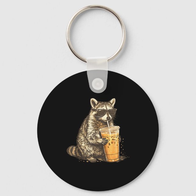 Chaveiro Funny raccoon drinking iced coffee animal meme men (Frente)