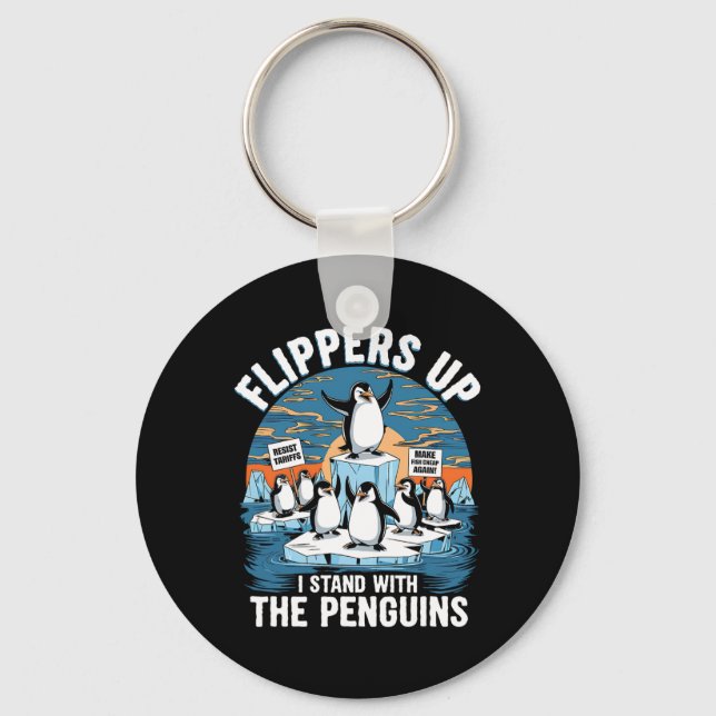 Chaveiro Funny Resiste Pinguins Protestando Contra Tarifas  (Frente)