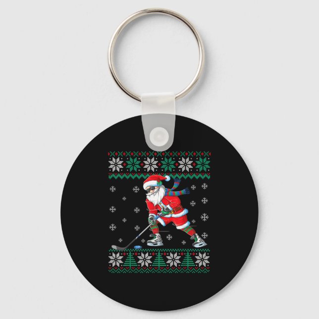 Chaveiro Funny Santa Claus Christmas Ice Hockey Ugly Sweate (Frente)