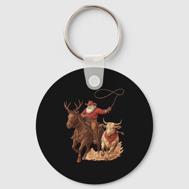 Chaveiro Funny Santa Cowboy Rodeo Reindeer Western Horse Ro (Frente)