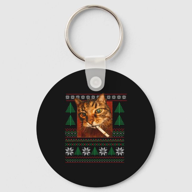 Chaveiro Funny Smoking Cat Meme Christmas Ugly  (Frente)
