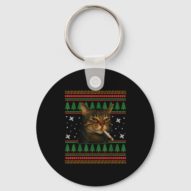 Chaveiro Funny Smoking Cat Meme Christmas Ugly Sweater Cat  (Frente)