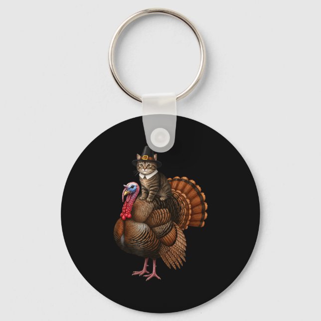 Chaveiro Funny Thanksgiving Cat On Turkey, Lgrim Hat Turkey (Frente)