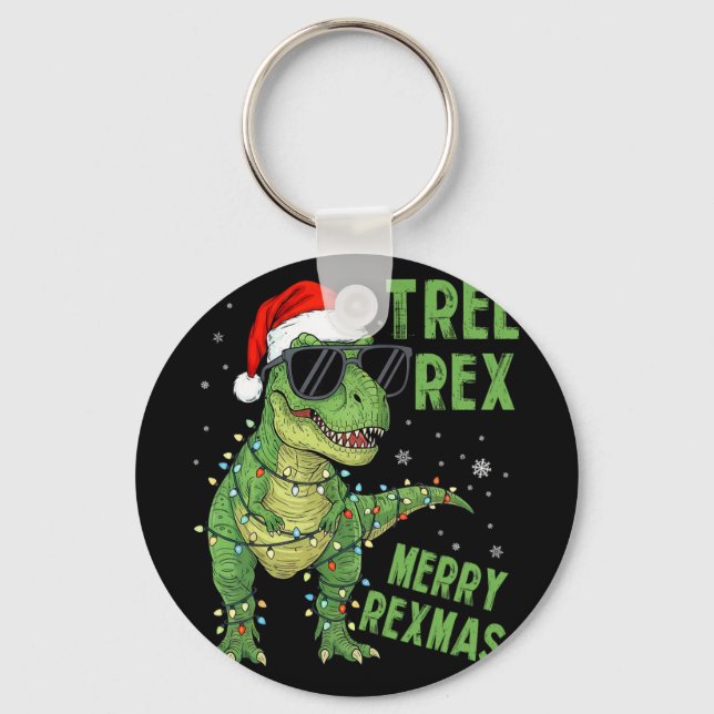 Chaveiro Funny Tree Rex Christmas Dinosaur Santa Hat Lights (Frente)