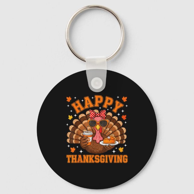 Chaveiro Funny Turkey Drinking Coffee Thanksgiving Bow Girl (Frente)