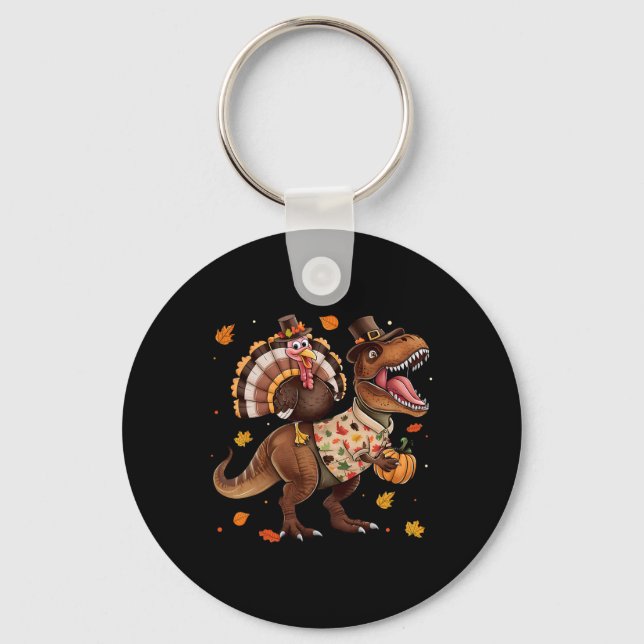 Chaveiro Funny Turkey Riding Dinosaur T Rex Thanksgiving Bo (Frente)