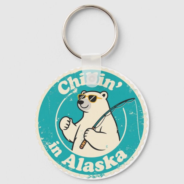 Chaveiro Funny Vintage Alaska Chillin Polar Bear Fishing (Frente)