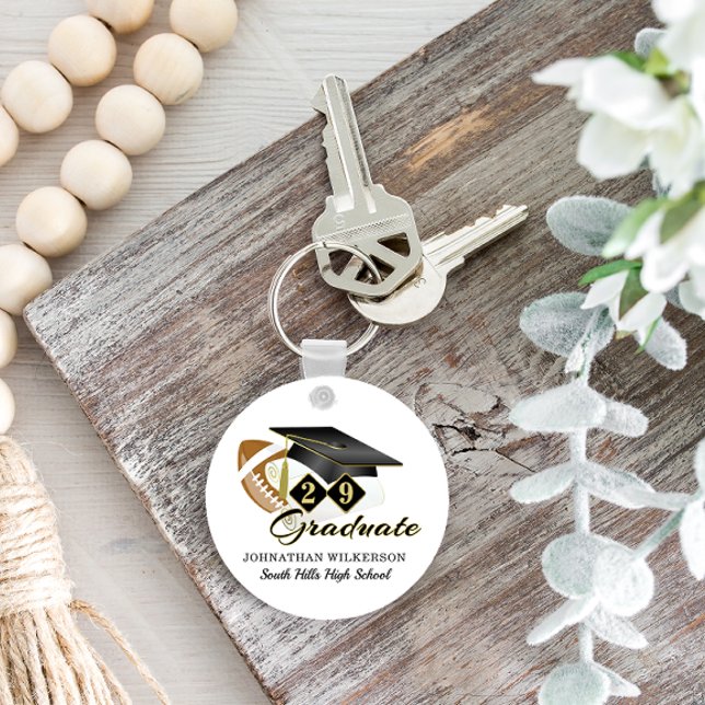 Chaveiro Futebol do Boné de formatura Negro Personalizado (Black Graduation Cap Football Personalized Keychain)