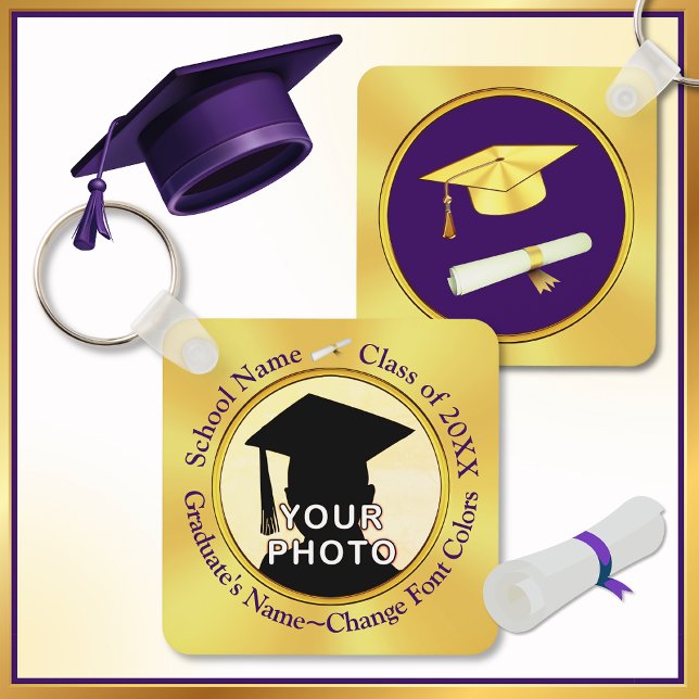 Chaveiro Gabinetes de Graduação para Convidados, ALTERAR CO (Gifts for Guests at Graduation Party. Personalised Graduation Keyrings. Purple Gold, Grad Keychains.)
