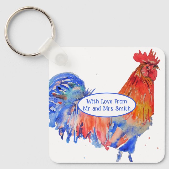 Chaveiro Galinha do Galo Vermelho Casamento Aquarela Azul (Frente)