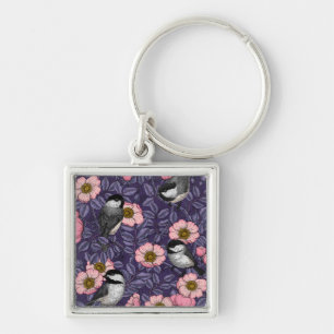 Chaveiro Galinhas na rosa selvagem de rosa e violeta