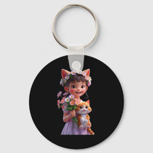 Chaveiro Garota fofa abraçando um gato design unissex mascu