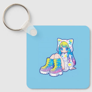 Chaveiro Garota Kawaii de Estrelas Arco-Íris com Orelhas de