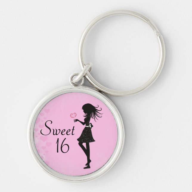 Chaveiro Garota Silhueta e Corações Doce 16 Rosa e Preto (Frente)