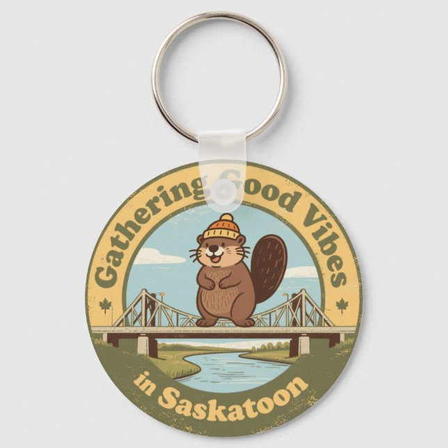 Chaveiro Gathering Good Vibes in Saskatoon Funny Beaver (Frente)