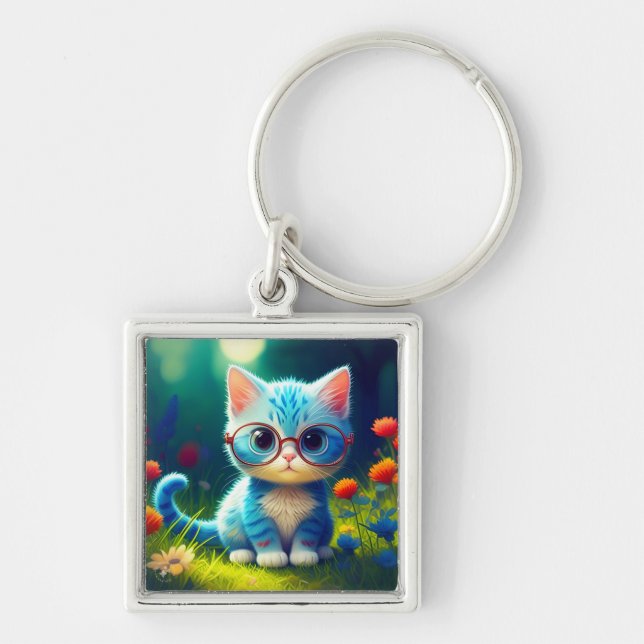 Chaveiro Gatinho Azul Fofo Usando Óculos-47067 (Frente)