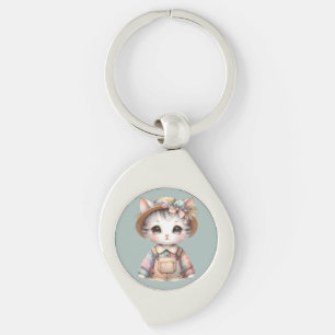 Chaveiro Gatinho Cottagecore com Macacão e Chapéu de Palha