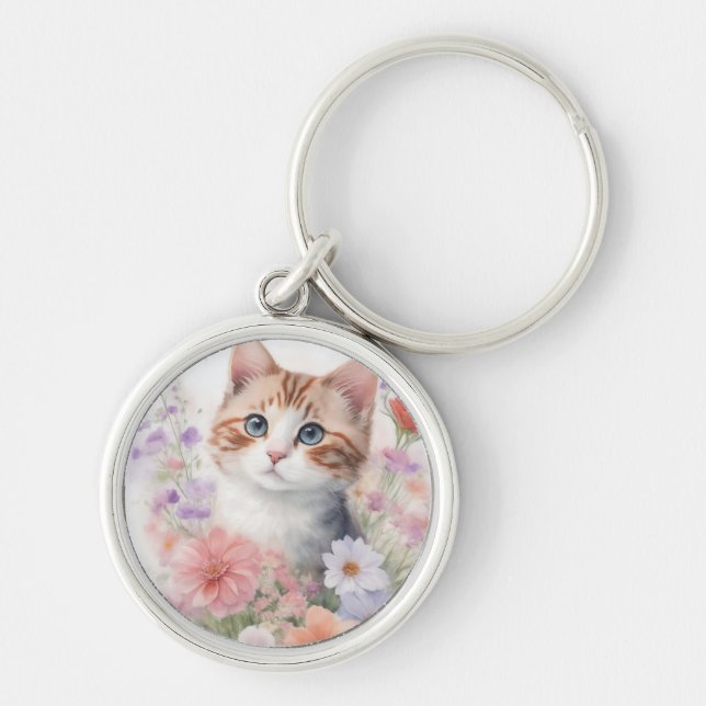 Chaveiro Gatinho de Aquarela Fofa com Floral (Frente)