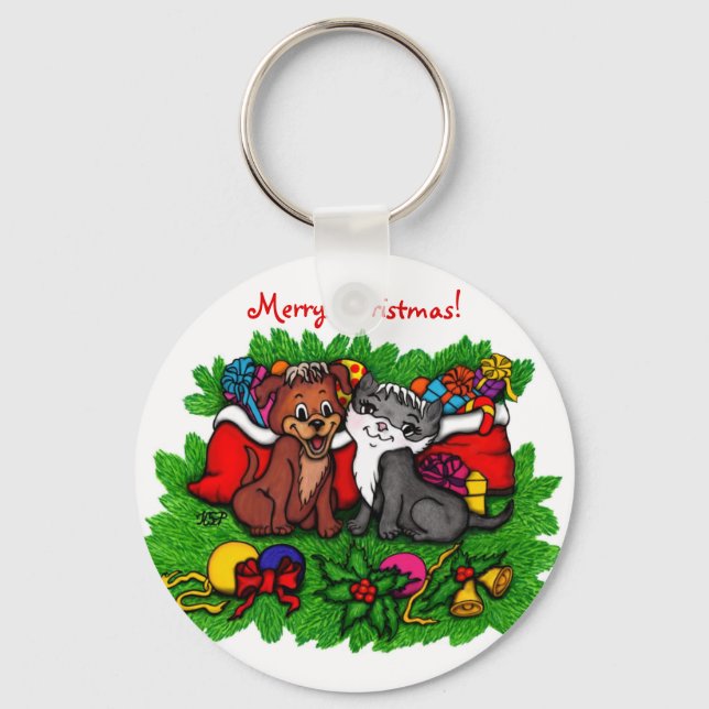 Chaveiro Gatinho e puppy, XMas feliz (Frente)