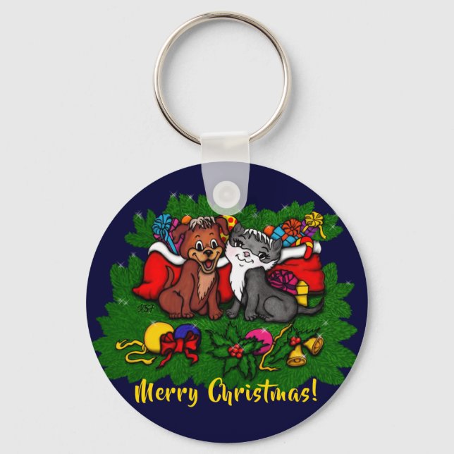 Chaveiro Gatinho e puppy, XMas feliz (Frente)