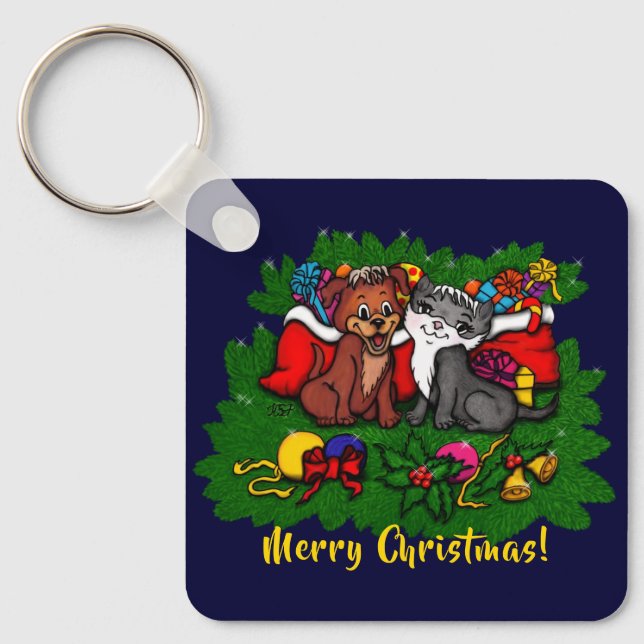 Chaveiro Gatinho e puppy, XMas feliz (Frente)
