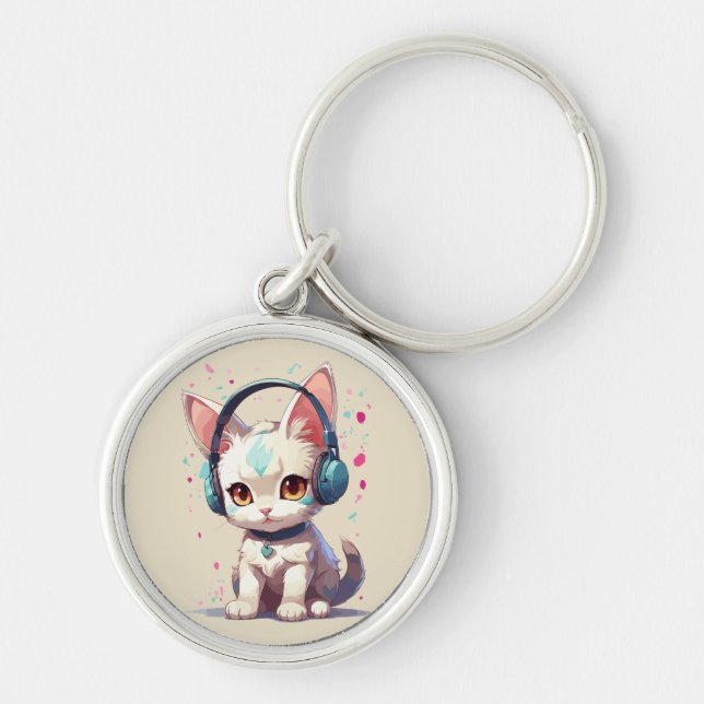 Chaveiro Gatinho Fofo com Charme de Fones de Ouvido (Frente)