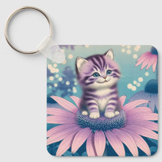 Chaveiro Gatinho no grampo de flores roxas