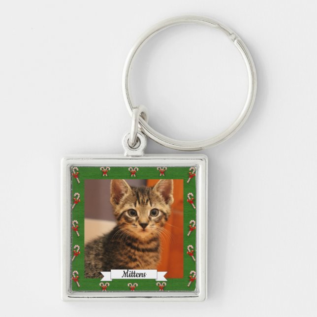 Chaveiro Gatinho Personalizável de Quadro Verde Candy Cane (Frente)