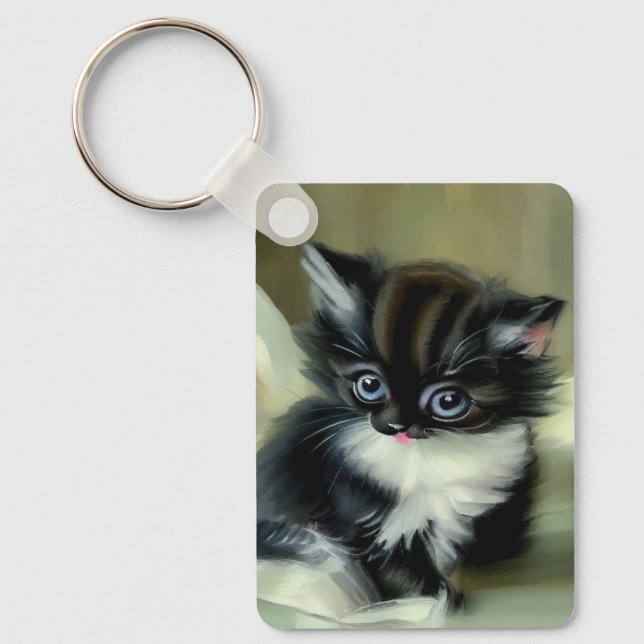 Chaveiro Gatinho Preto e Branco Antigo com Língua para Fora (Frente)