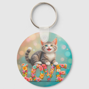 Chaveiro Gatinho sentado em letras de LOVE floridas colorid