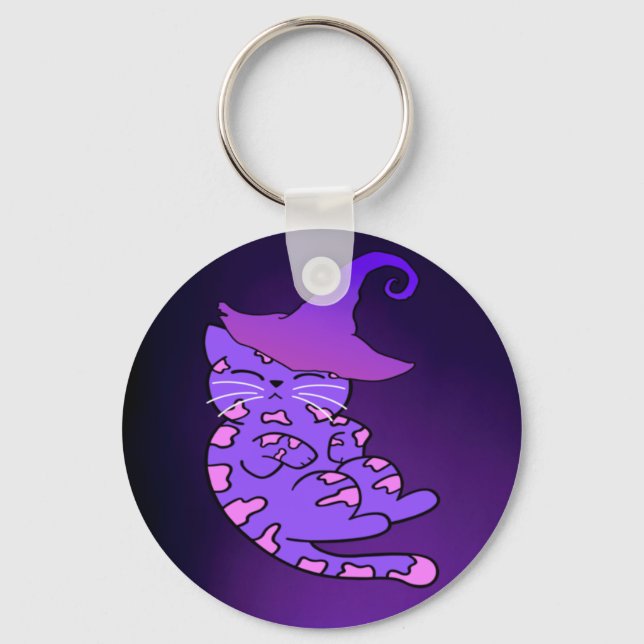 Chaveiro Gatinhos Roxos com Chapéus e Estrelas de Bruxas (Frente)