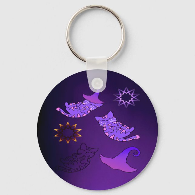 Chaveiro Gatinhos Roxos com Chapéus e Estrelas de Bruxas (Frente)