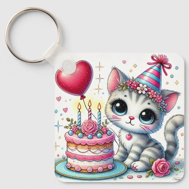 Chaveiro Gato Adorável Comemora Aniversário com Bolo (Frente)