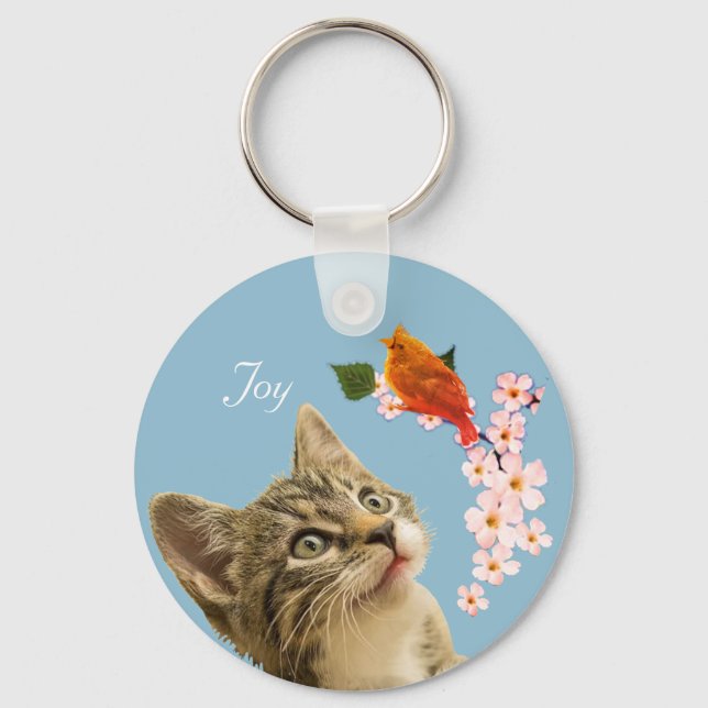 Chaveiro Gato Atigrado Fofo, Flores e Pequeno Pássaro Verme (Frente)