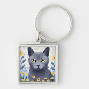 Chaveiro Gato Azul Russo Flores Amarelas