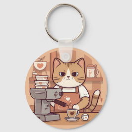 Chaveiro Gato Barista de Desenho Animado Fofo e Divertido