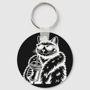 Chaveiro Gato Bebendo Café Gelado Meme Engraçado de Animal