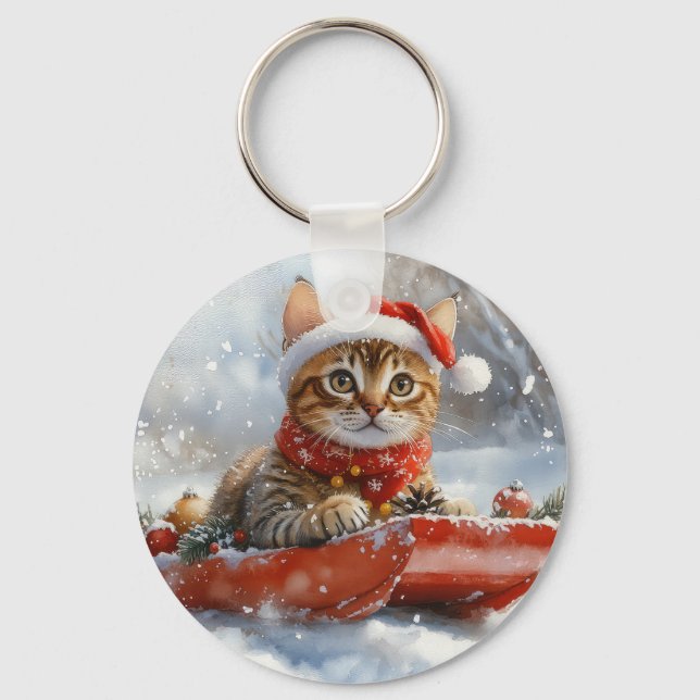 Chaveiro Gato Bengal em Trenó Deixe Nevar Natal (Frente)