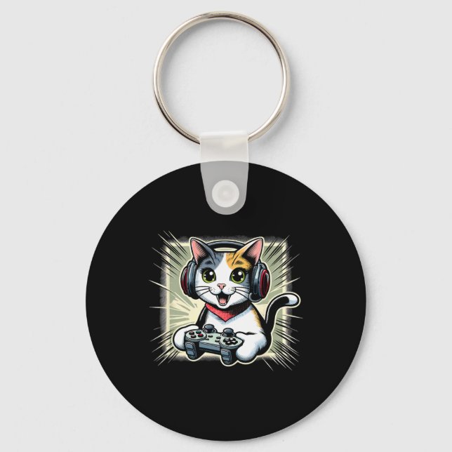 Chaveiro Gato Bobtail Japonês de Videogame com Fone de Ouvi (Frente)