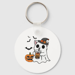Chaveiro Gato Bonito De Halloween No Fantasma Bebendo Boba