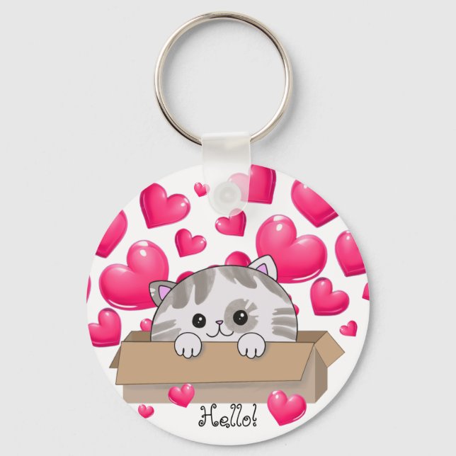 Chaveiro Gato bonito numa caixa e corações cor-de-rosa (Frente)