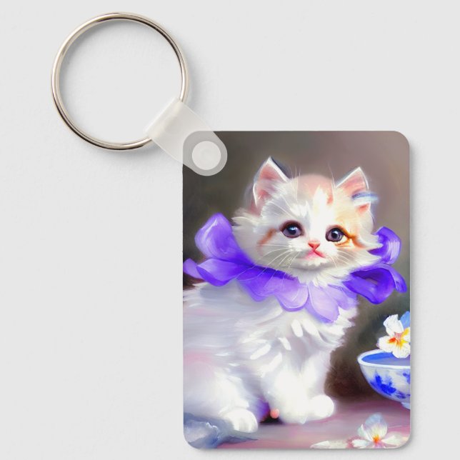 Chaveiro Gato branco com pintura de colarinho de flores rox (Frente)