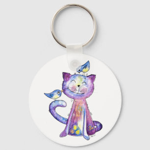 Chaveiro Gato Branco e Roxo Cugado com Aves