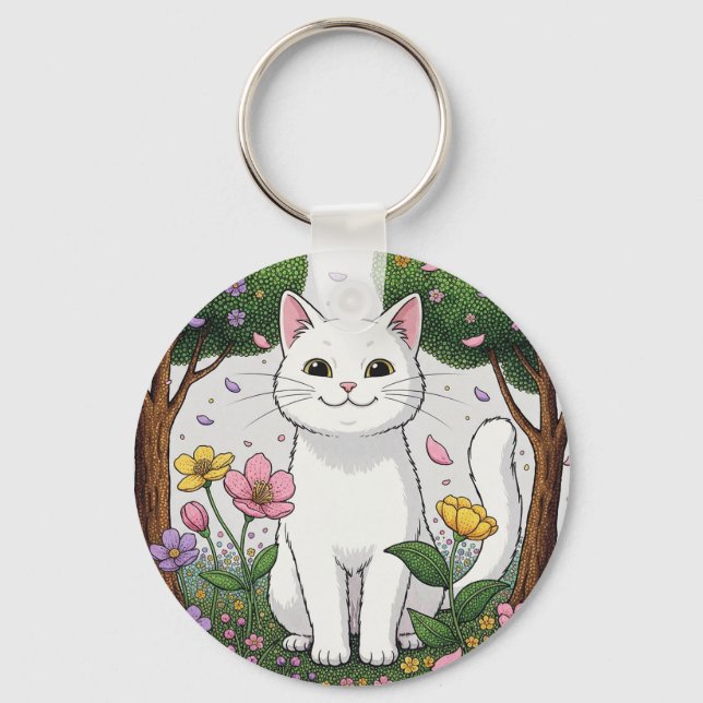 Chaveiro Gato Branco em um Jardim Colorido (Frente)