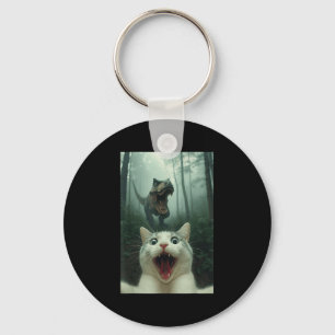 Chaveiro Gato Branco Engraçado Selfie Com T-rex Dinossauro,
