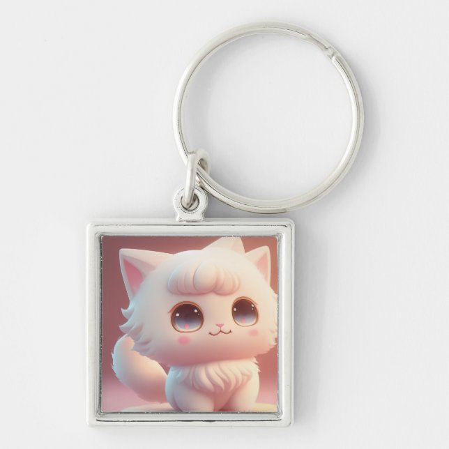 Chaveiro Gato Branco Fluffy, Bonito Olho Grande (Frente)