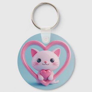 Chaveiro Gato Branco Fofo com Coração Desenho de Kawaii Kit