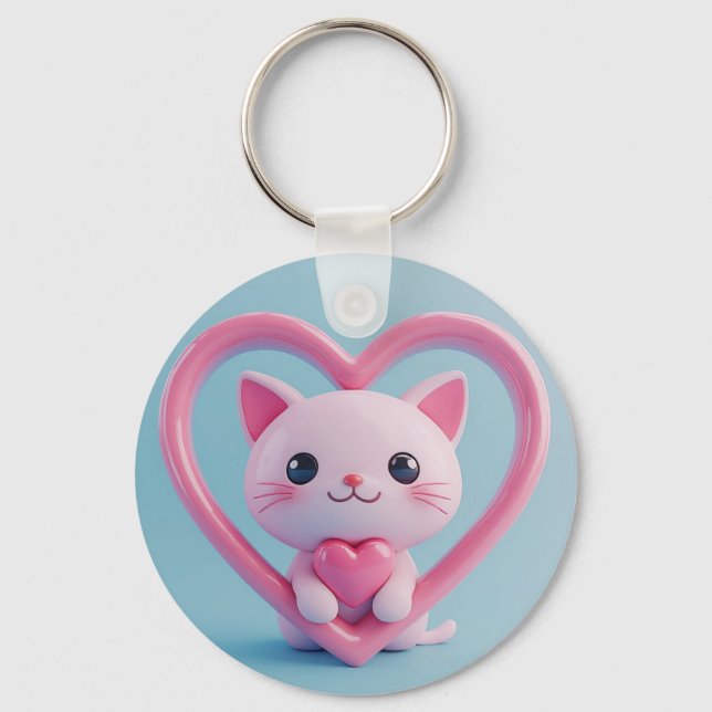 Chaveiro Gato Branco Fofo com Coração Desenho de Kawaii Kit (Frente)