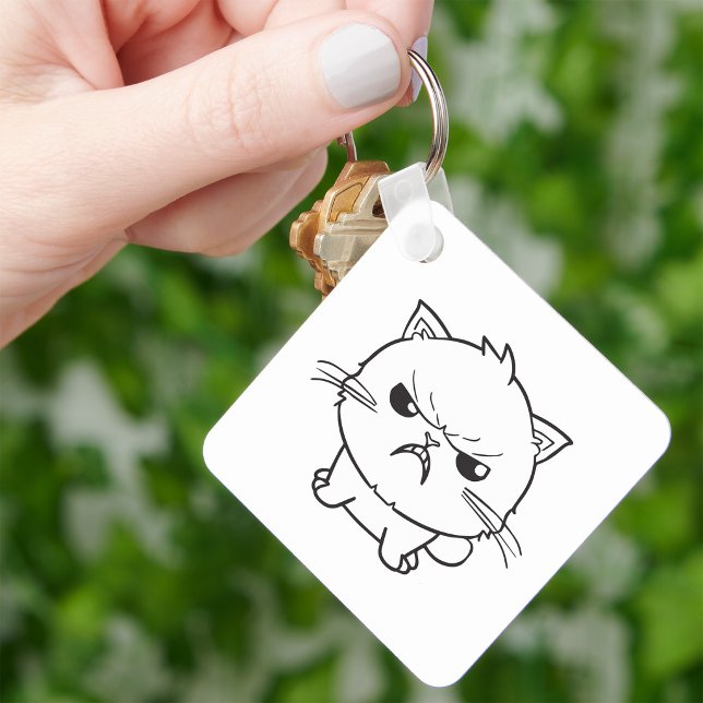 Chaveiro Gato bravo bonito cantando. (Cute Angry hissing Cat Line Art Illustration. Keychain)